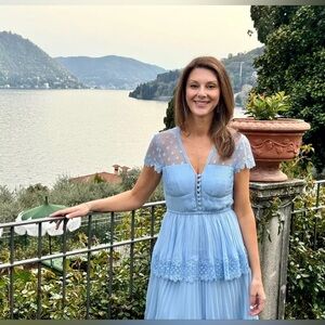 Self Portrait Powder Blue Chiffon Lace Tiered Dress in Size 8